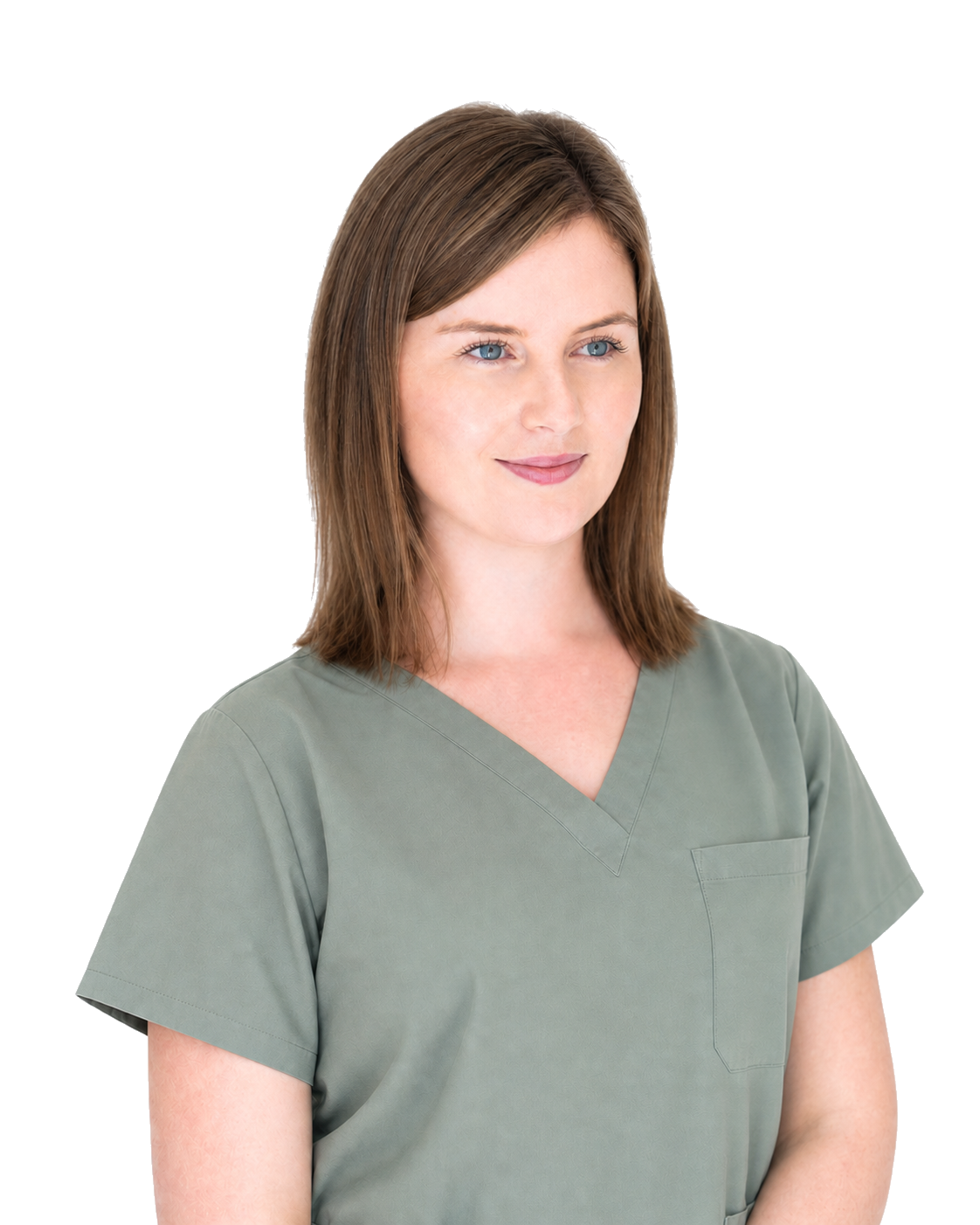 Edel wearing sage clinical scrubs